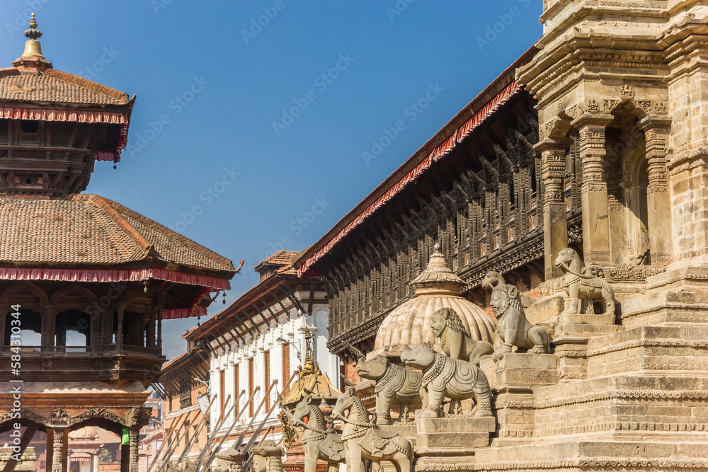 Sculptures and stairs of the Siddhi Laxmi Temple in Bhaktapur, Nepal