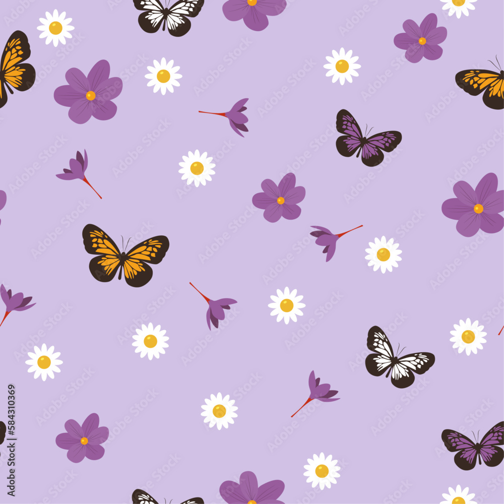 Seamless flower and butterfly pattern. Simpless elements for textile, paper, fabric, background. Vector Seamless flower and butterfly pattern. Simpless elements for textile, paper, fabric, background. Vector
