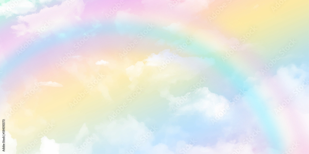 Blue pink pastel sky. The wind blows the soft clouds. Nature banner background with rainbow effect concept.