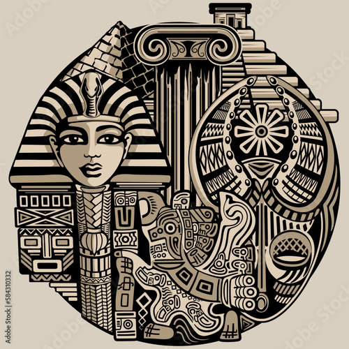 Ancient Symbols and Architecture, Egypt, Greece, Aztecs, Africa, Tribal Figures and Art Vector Round Illustration
