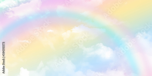 Blue pink pastel sky. The wind blows the soft clouds. Nature banner background with rainbow effect concept.
