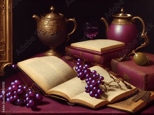 still life with books and grapes