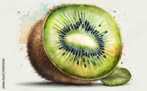 A drawn kiwi on white background watercolor tropical fruit organic food illustrations Generative AI