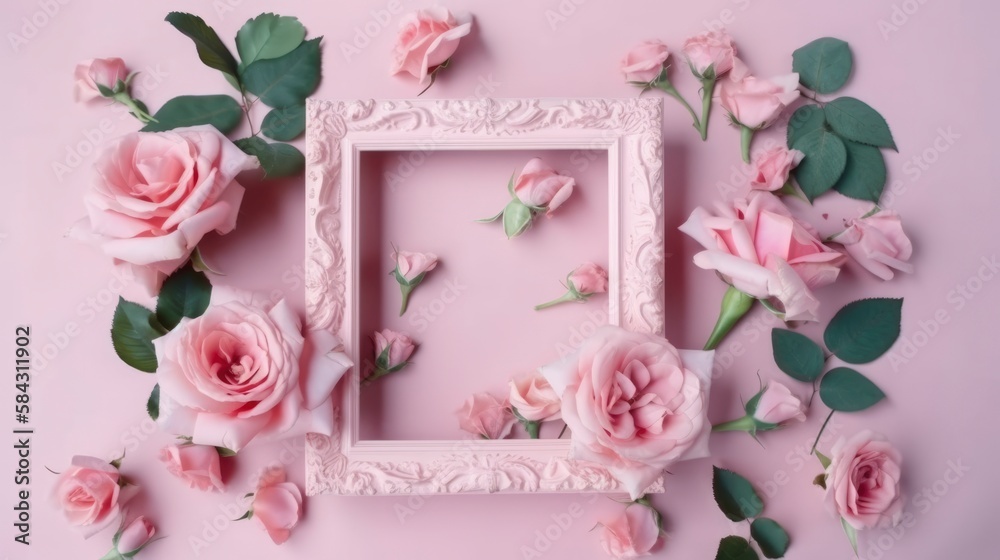 pink roses on background frame with copy space mockup, wallpaper banner template, generative ai