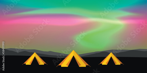 yellow tent camping adventure with aurora borealis polar lights background
