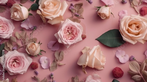 pink roses on background copy space, wallpaper banner template, generative ai