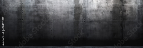 A horizontally long dim concrete wall and floor background. dark concrete room. Wide format. Generative AI. 
