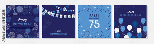 Happy Israel Independence Day greeting card, poster, flyer, invitation with the national colors and star, garland, flag. Jewish Holidays template for your design. Vector illustration