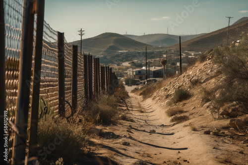 Border in Mexico and USA. US-Mexican border fence in Arizona, USA. Minranis cross border illegally. US Mexican Border with barbed wire in San Diego, California, and Tijuana. Ai Generative illustration photo
