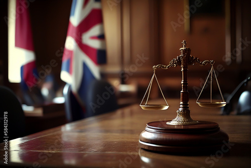 Courtroom with British flag, Supreme Court of United Kingdom. Scales of Themis, Judiciary, Judge. England Justice Judicial Authority. Appellate of House of Lords. Judicial scales in court. Ai generate