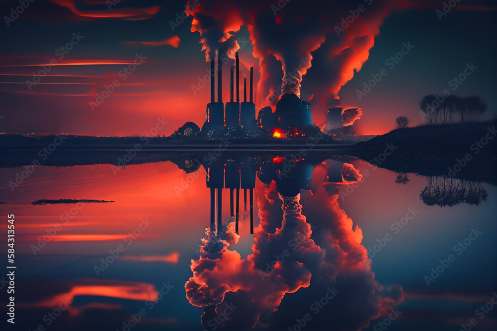 Nuclear power plant at sunset Generate electricity. Dusk, Nuclear