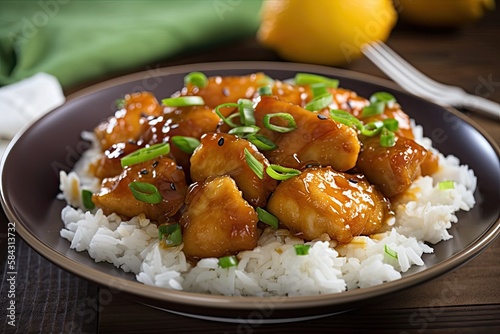 Asian orange chicken with green onions and white rice dinner concept