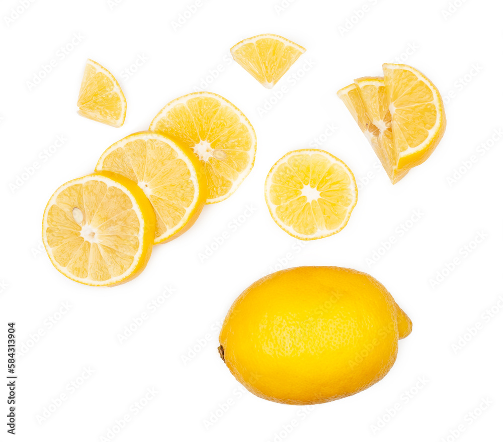 Lemon and slices isolated on a white background. Flat lay, top view