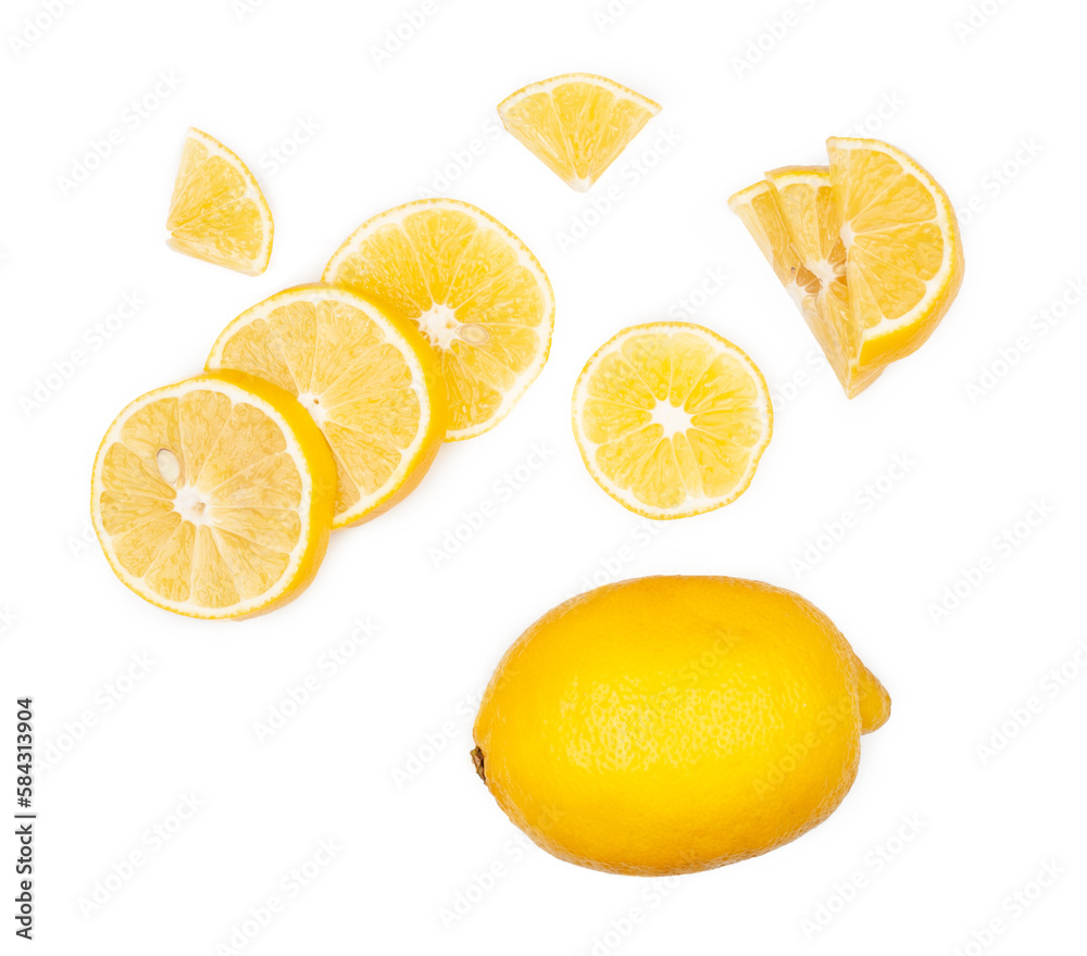 Lemon and slices isolated on a white background. Flat lay, top view Lemon and slices isolated on a white background. Flat lay, top view