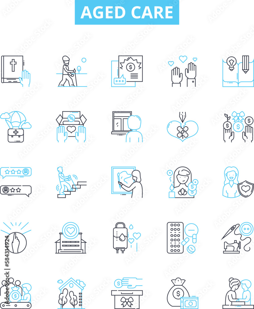 Aged care vector line icons set. Aging, Care, Elderly, Assisted, Supportive, Nursing, Retirement illustration outline concept symbols and signs