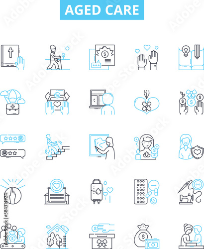 Aged care vector line icons set. Aging, Care, Elderly, Assisted, Supportive, Nursing, Retirement illustration outline concept symbols and signs © Nina