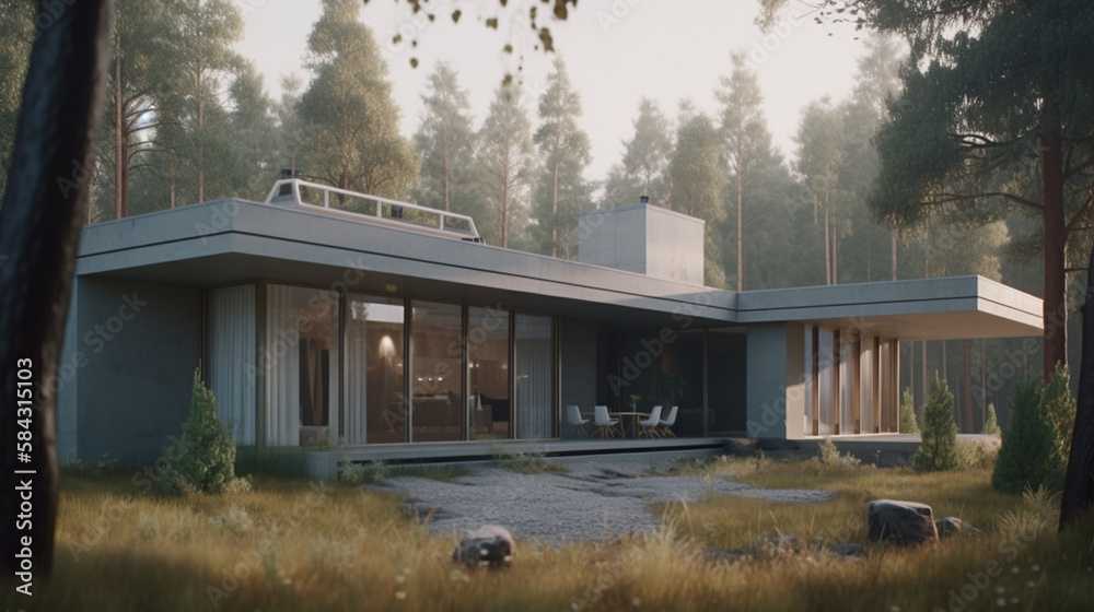Modern house with a flat roof in a picturesque setting. Generative AI