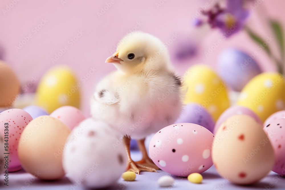 Small bird chick between yellow and colorful Easter eggs in front of pink background. Generative AI
