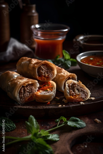Portion of spring rolls stuffed with meat. Served with sauce. (ai generative)