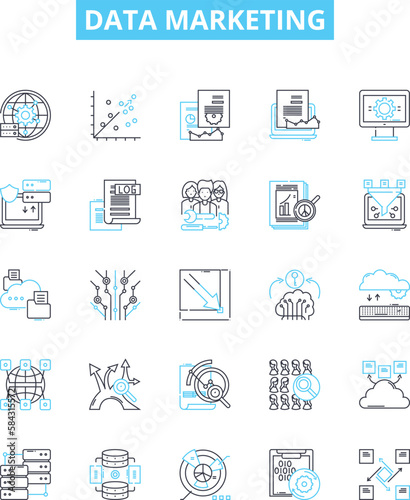 Data marketing vector line icons set. Data, Marketing, Analytics, Automation, Email, Social, Segmentation illustration outline concept symbols and signs