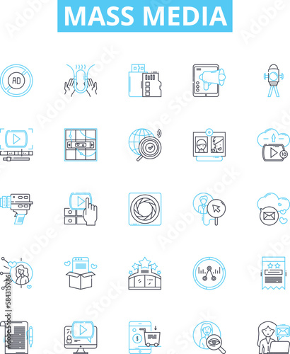 Mass media vector line icons set. Broadcasting, Newspapers, Magazine, Television, Film, Radio, Internet illustration outline concept symbols and signs