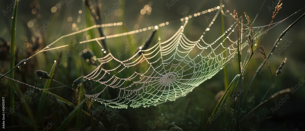 A spider web delicately spun on a plant. Generative AI