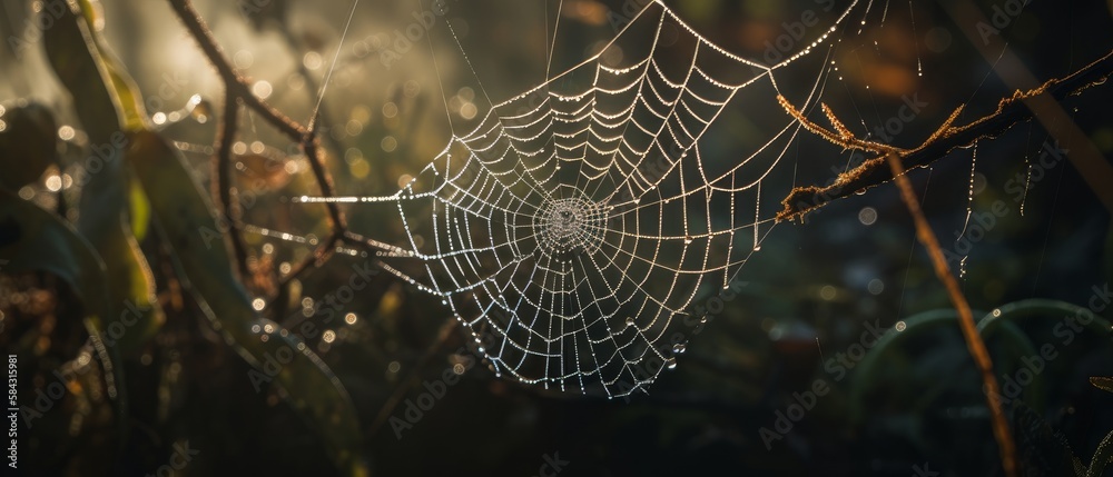 A spider web delicately spun on a plant. Generative AI