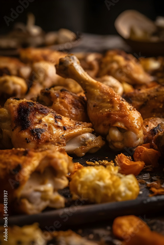 Mix of baked chicken pieces. (ai generative)