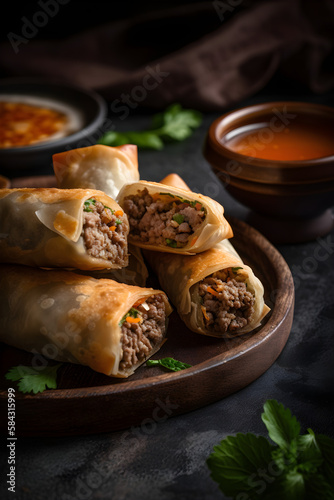Portion of spring rolls stuffed with meat. Served with sauce. (ai generative)