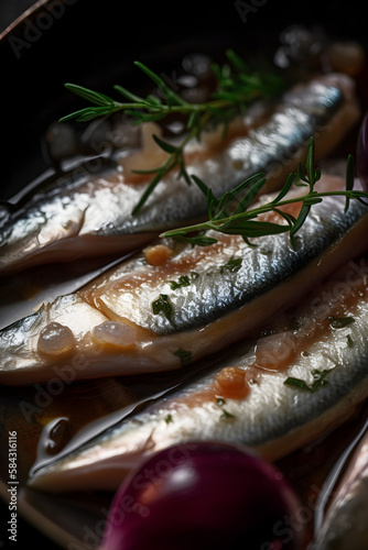 Herring fillets in oil. Served with onion. (generative ai)