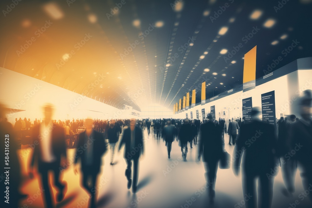 Background of an expo with blurred individuals in an exposition hall. Concept for a major international exhibition, conference center, corporate marketing, and event fair. Generative AI - obrazy, fototapety, plakaty 