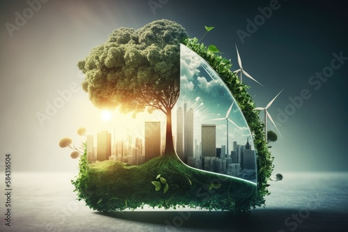  Concept to lower CO2 emissions. Green enterprises that rely on renewable energy can reduce climate change and global warming. Generative AI © VisualProduction