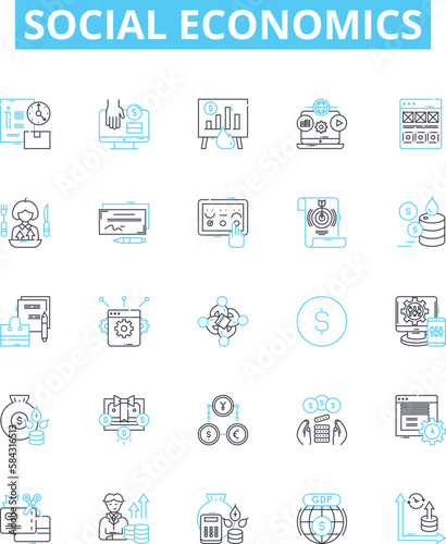 Social Economics vector line icons set. Socioeconomics, inequality, welfare, poverty, labor, markets, redistribution illustration outline concept symbols and signs