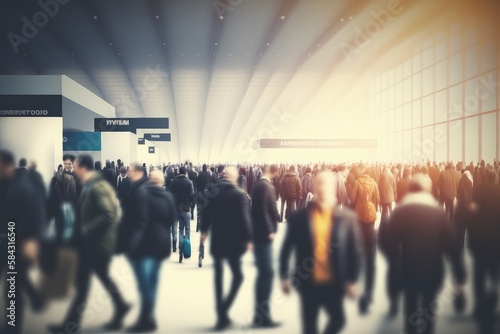 People traveling, walking through airport terminal, motion blur, wide shot. Generative AI
