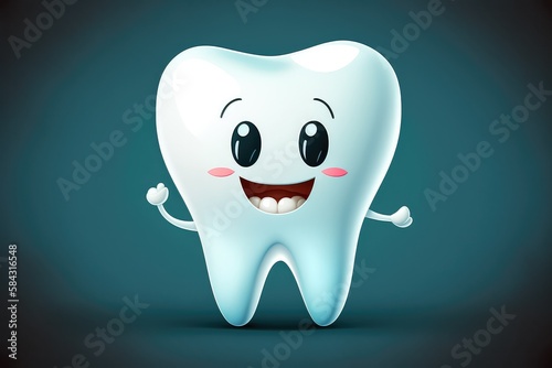 Illustration of a smiling white, healthy tooth. Cartoon smiley tooth that might work well in a pediatric dental clinic. Kids' Tooth Character. Dentist Mascot Cute. Generative AI