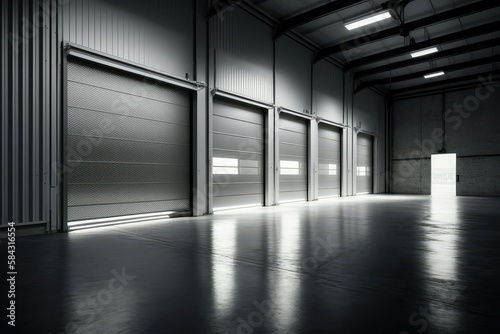 Factory, warehouse, or hangar use roller doors or roller shutters. Generative AI © VisualProduction