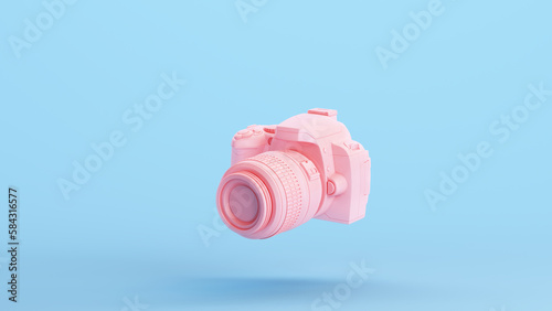 Pink Camera DLSR Lens Equipment Photography Technology Hobby Kitsch Blue Background 3d illustration render digital rendering