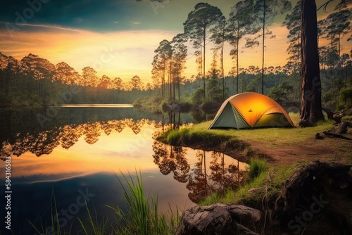 Adventures Camping Tourism and Tent Near Water in Morning and Sunset Sky at Pang ung Pine Forest Park in Mae Hong Son, Thailand. Generative AI
