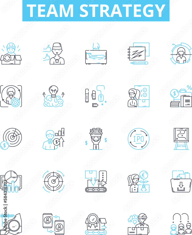 Team strategy vector line icons set. Collaboration, Planning, Alignment, Execution, Communication, Participation, Synergy illustration outline concept symbols and signs Team strategy vector line icons set. Collaboration, Planning, Alignment, Execution, Communication, Participation, Synergy illustration outline concept symbols and signs
