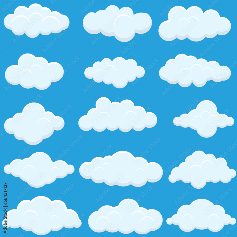 Clouds clipart vector set collection. Clouds clipart element set isolated on blue background