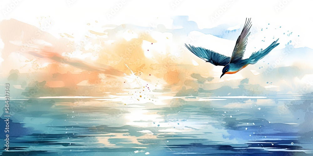 Obraz premium The bird is flying in a watercolor painting, representing the concept of World Migratory Bird Day. Generative AI
