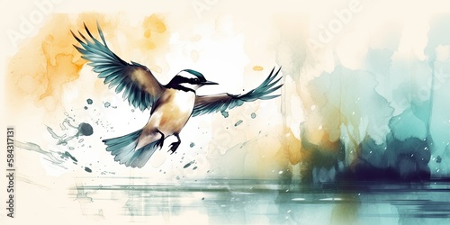 The bird is flying in a watercolor painting, representing the concept of World Migratory Bird Day. Generative AI © Nutcha