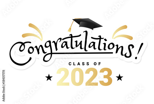 Congratulations graduates class of 2022 typography design. Graduation ceremony vector illustration with academic cap, stars and fireworks. Flat style grad ceremony design for banner, greeting card etc