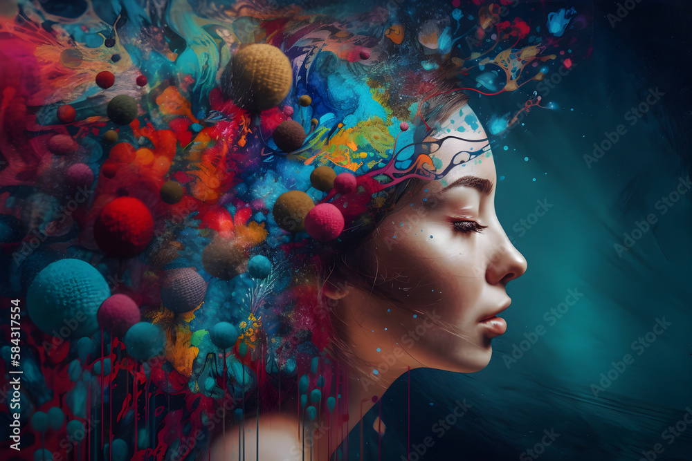Girl with closed eyes with elements evoking a sense of mystery and wonder, mental, emotional, and spiritual journey illustration, vibrant, surreal colors. Generative AI. Girl with closed eyes with elements evoking a sense of mystery and wonder, mental, emotional, and spiritual journey illustration, vibrant, surreal colors. Generative AI.