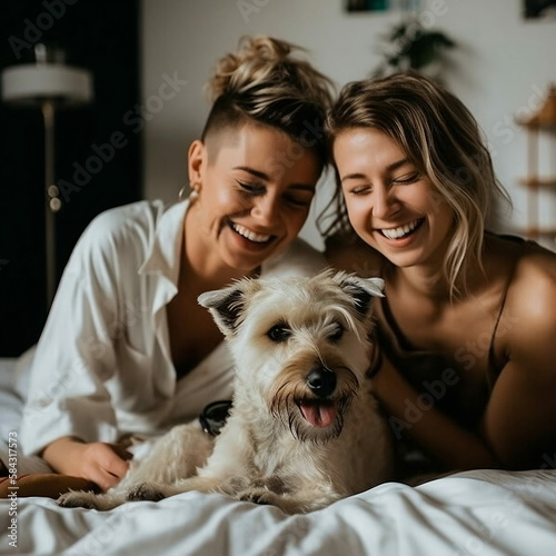 Dos mujeres felices enamoradas con un perro IA generativa