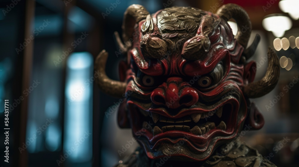 Chinese dragon mask in temple background, high detailed old traditional mask, red devil demon asia, realistic 3D head, generative ai Chinese dragon mask in temple background, high detailed old traditional mask, red devil demon asia, realistic 3D head, generative ai