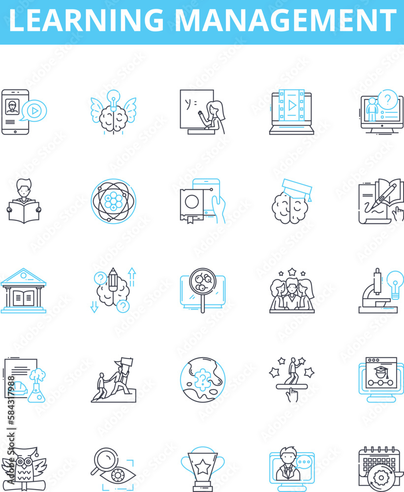 Learning management vector line icons set. Education, Training, Courseware, E-learning, System, Technology, Platform illustration outline concept symbols and signs