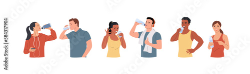 Healthy  young men and women drink water from a glasses and bottle. Vector cartoon flat style illustration