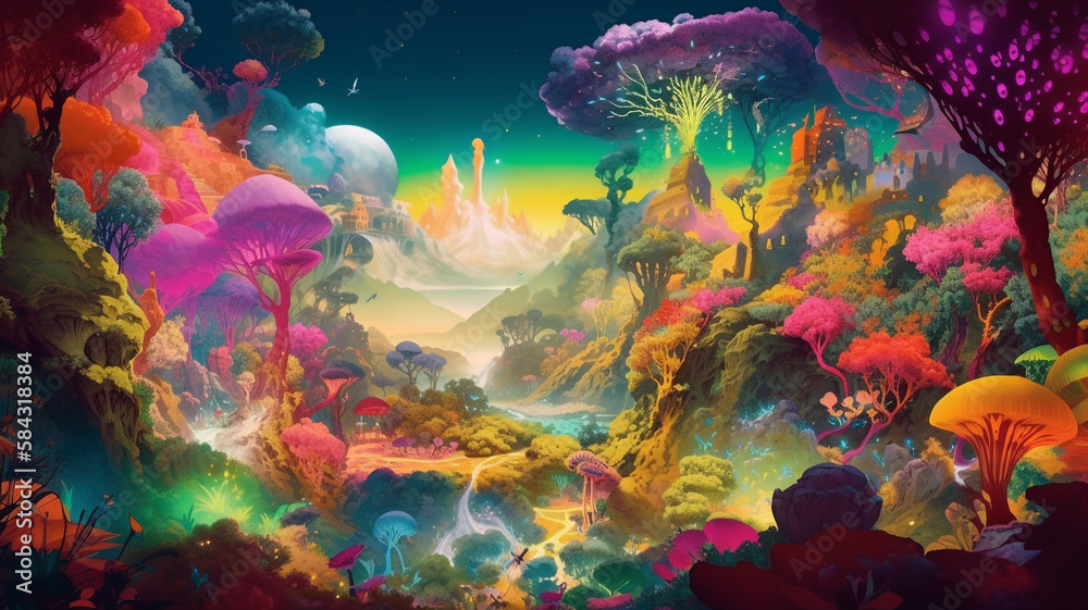 an incredible landscape filled with life and lush nature. fantasy world. generative ai.