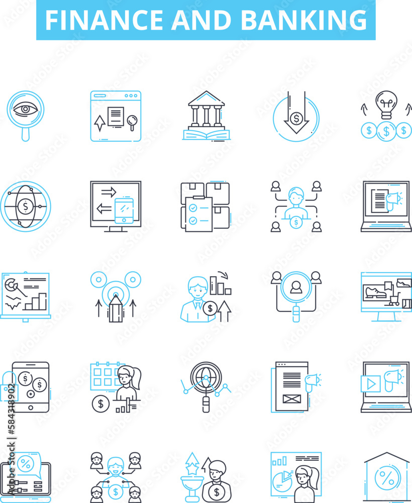 Finance and banking vector line icons set. Banking, Finance, Money, Investment, Savings, Mortgage, Loan illustration outline concept symbols and signs Finance and banking vector line icons set. Banking, Finance, Money, Investment, Savings, Mortgage, Loan illustration outline concept symbols and signs